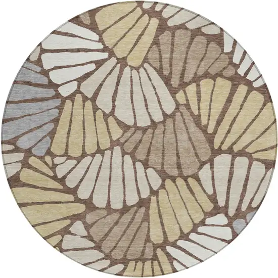 8' Chocolate Gold And Gray Round Floral Washable Indoor Outdoor Area Rug Photo 1