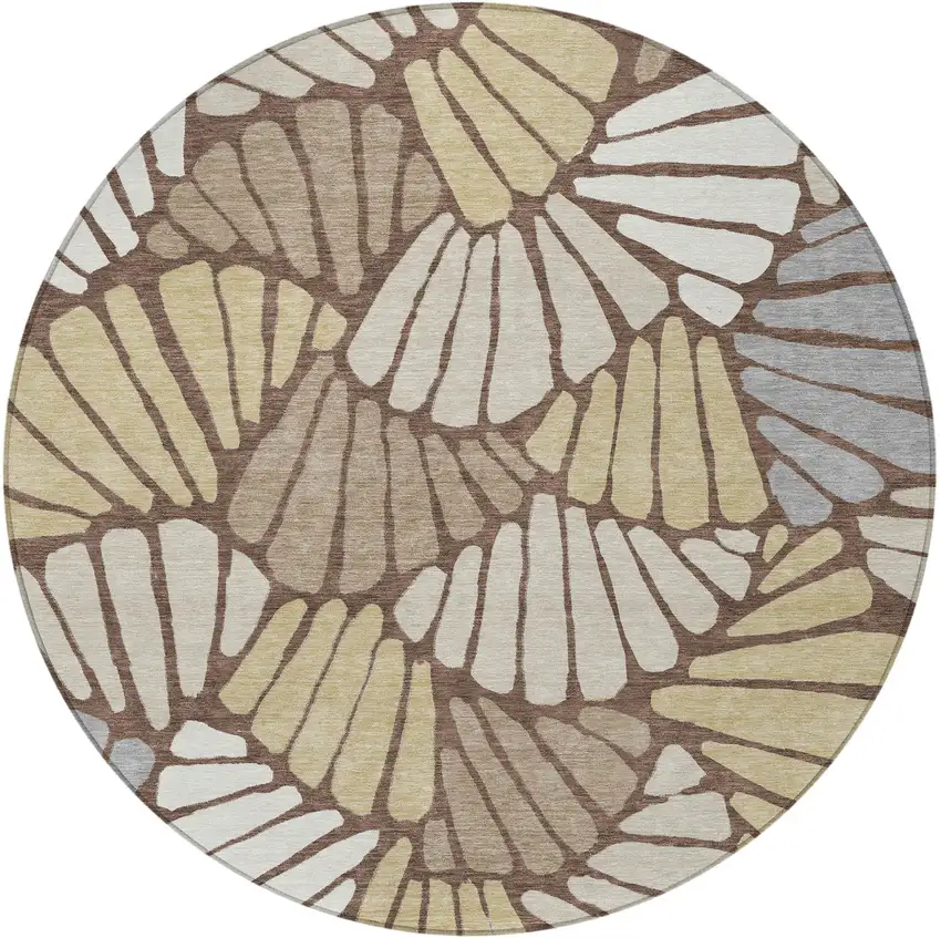 8' Chocolate Gold And Gray Round Floral Washable Indoor Outdoor Area Rug Photo 2