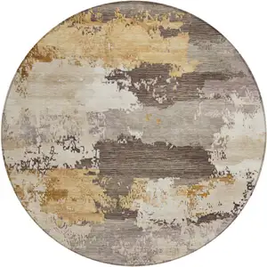 Photo of 8' Chocolate Gold And Ivory Round Abstract Washable Indoor Outdoor Area Rug