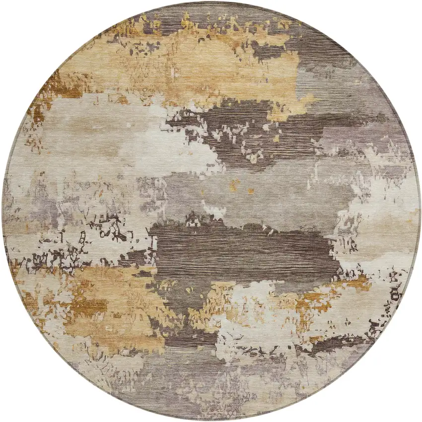 8' Chocolate Gold And Ivory Round Abstract Washable Indoor Outdoor Area Rug Photo 1