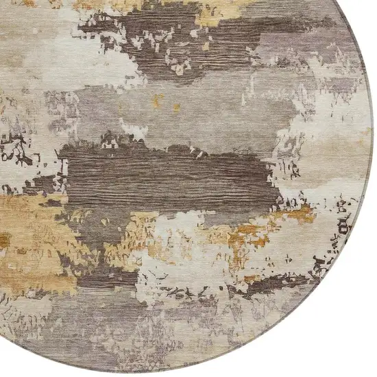8' Chocolate Gold And Ivory Round Abstract Washable Indoor Outdoor Area Rug Photo 2