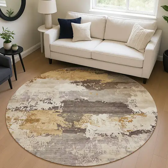 8' Chocolate Gold And Ivory Round Abstract Washable Indoor Outdoor Area Rug Photo 5