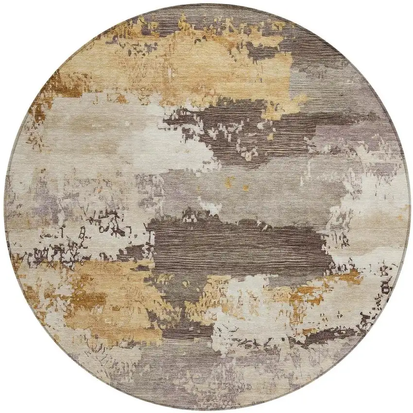 8' Chocolate Gold And Ivory Round Abstract Washable Indoor Outdoor Area Rug Photo 3