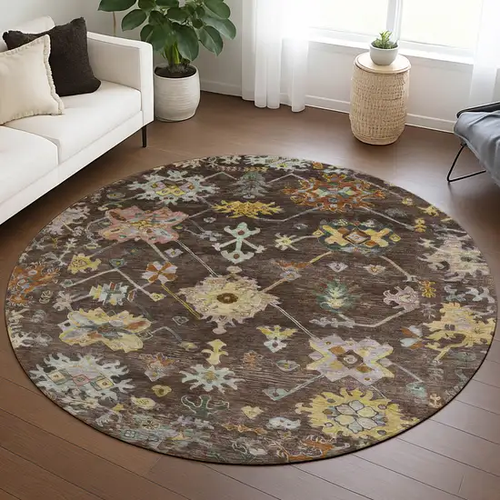 8' Chocolate Gold And Ivory Round Floral Washable Indoor Outdoor Area Rug Photo 9