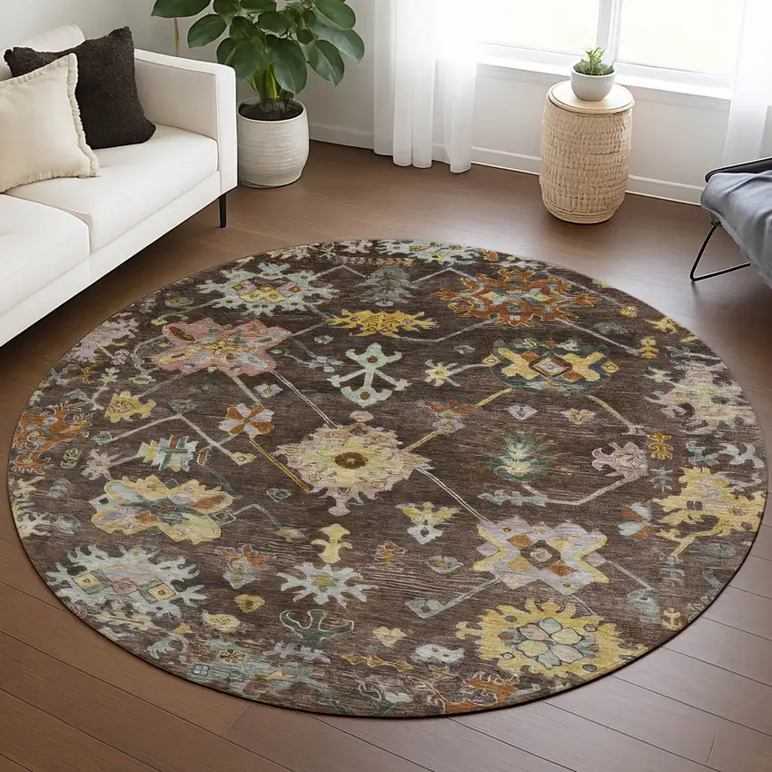 8' Chocolate Gold And Ivory Round Floral Washable Indoor Outdoor Area Rug Photo 9