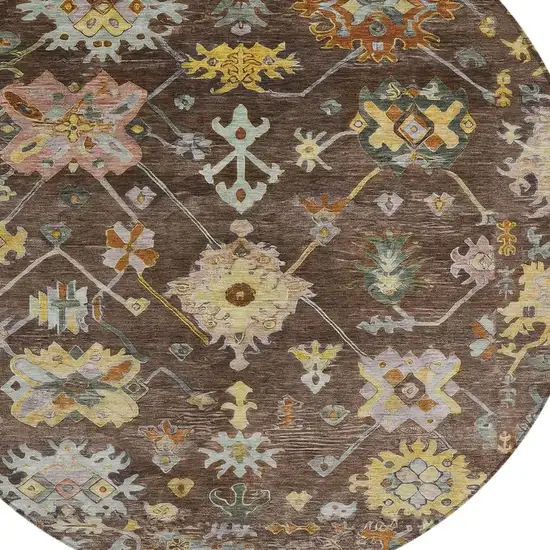 8' Chocolate Gold And Ivory Round Floral Washable Indoor Outdoor Area Rug Photo 5