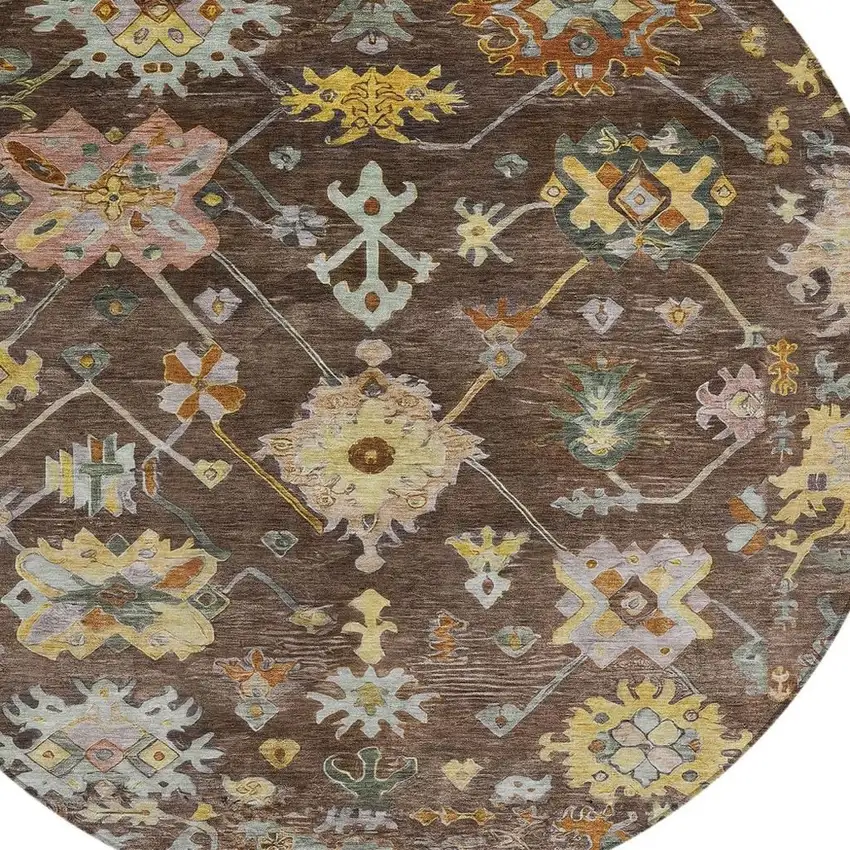 8' Chocolate Gold And Ivory Round Floral Washable Indoor Outdoor Area Rug Photo 5