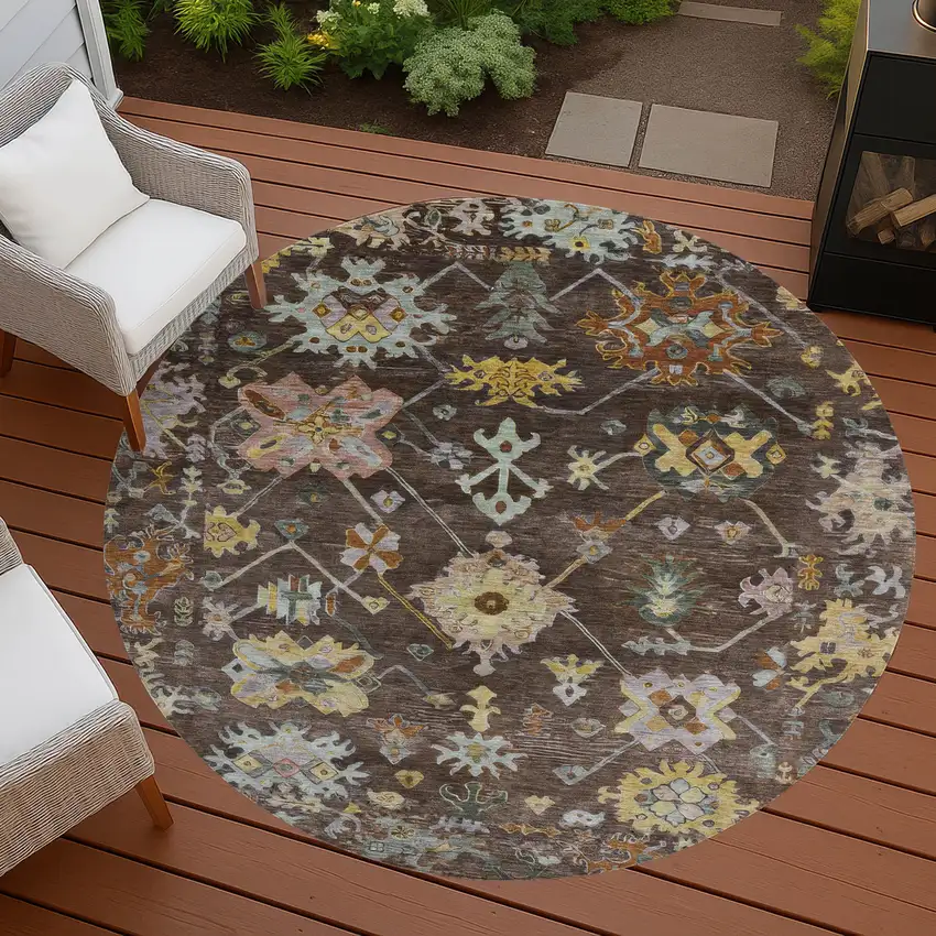 8' Chocolate Gold And Ivory Round Floral Washable Indoor Outdoor Area Rug Photo 8