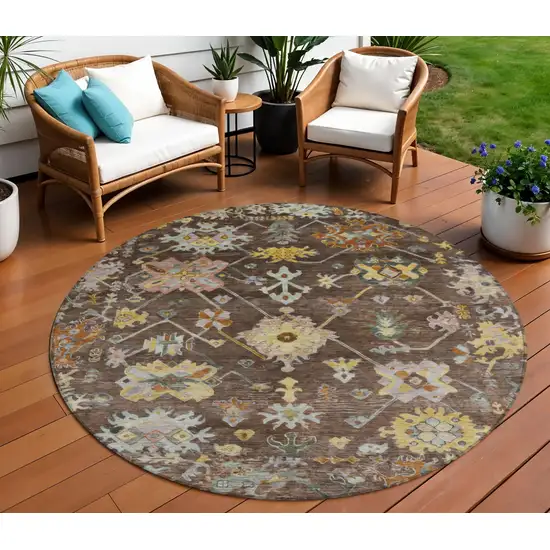 8' Chocolate Gold And Ivory Round Floral Washable Indoor Outdoor Area Rug Photo 1
