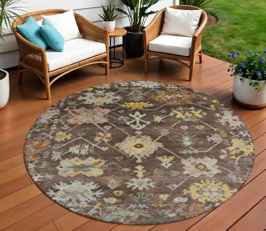 8' Chocolate Gold And Ivory Round Floral Washable Indoor Outdoor Area Rug Photo 1