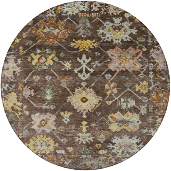8' Chocolate Gold And Ivory Round Floral Washable Indoor Outdoor Area Rug Photo 4