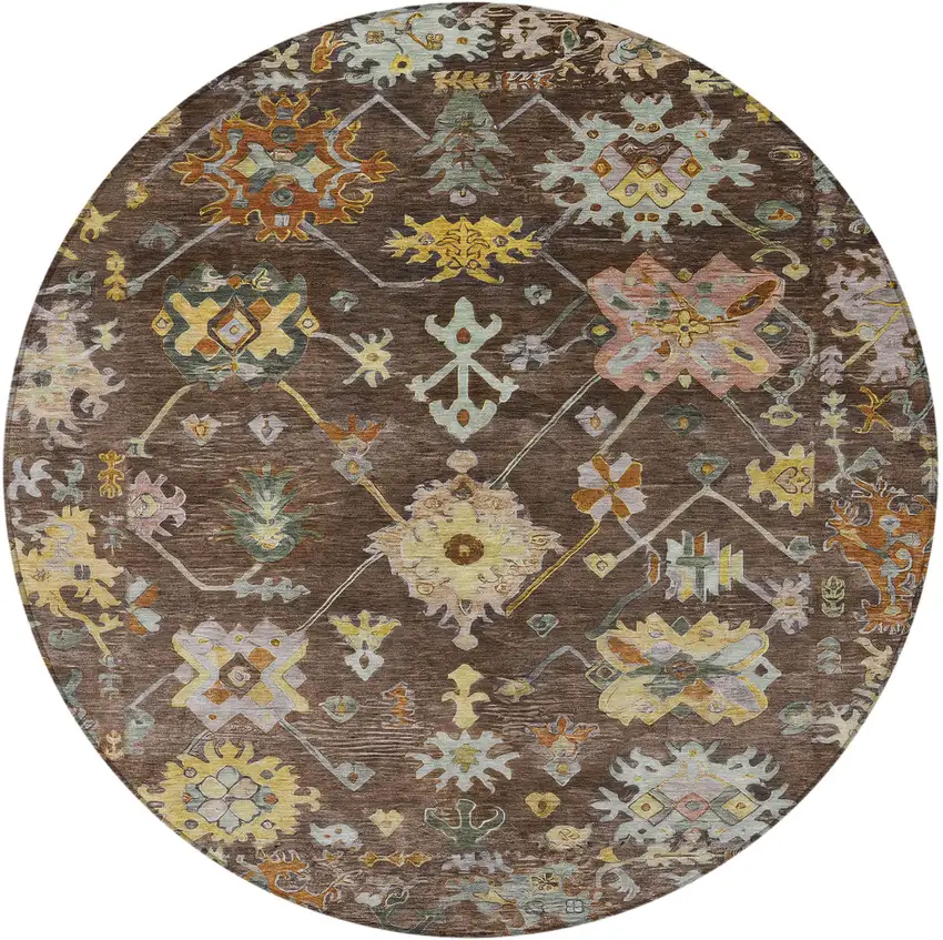 8' Chocolate Gold And Ivory Round Floral Washable Indoor Outdoor Area Rug Photo 4