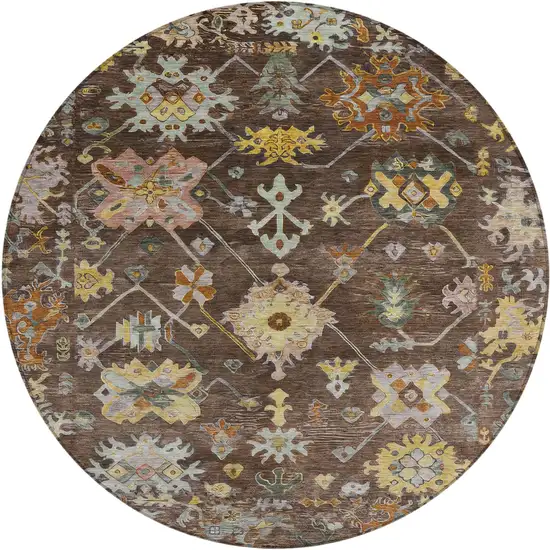 8' Chocolate Gold And Ivory Round Floral Washable Indoor Outdoor Area Rug Photo 2