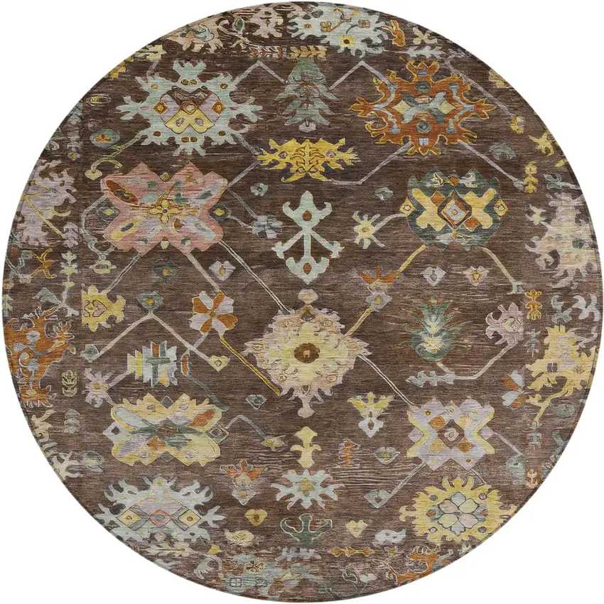 8' Chocolate Gold And Ivory Round Floral Washable Indoor Outdoor Area Rug Photo 2