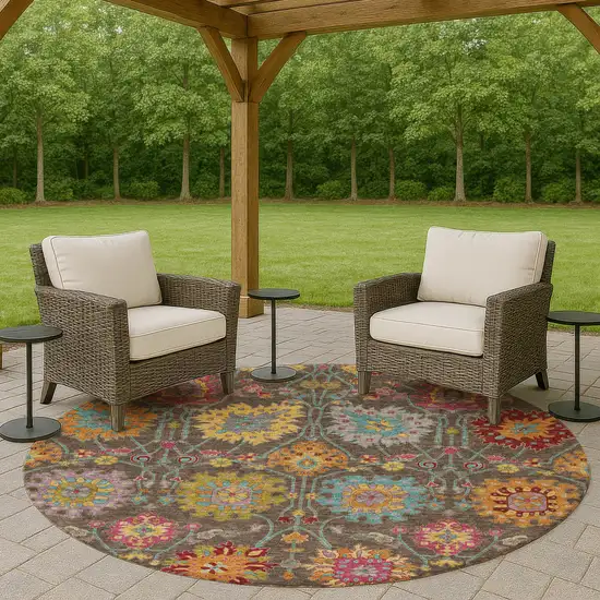 8' Chocolate Gold And Pink Round Damask Washable Indoor Outdoor Area Rug Photo 9