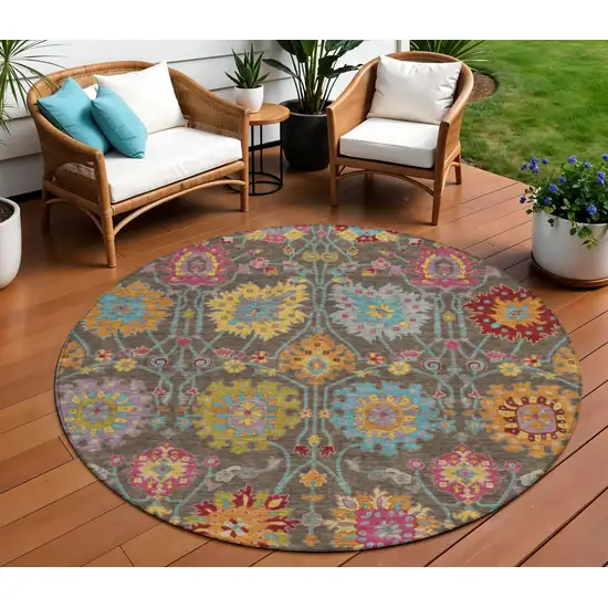 8' Chocolate Gold And Pink Round Damask Washable Indoor Outdoor Area Rug Photo 1