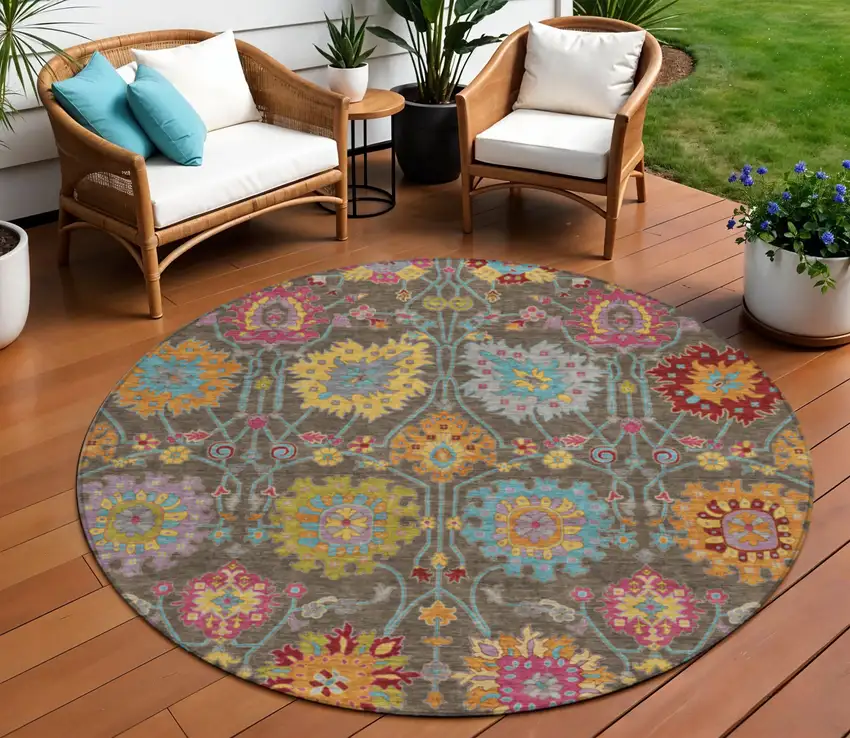 8' Chocolate Gold And Pink Round Damask Washable Indoor Outdoor Area Rug Photo 1