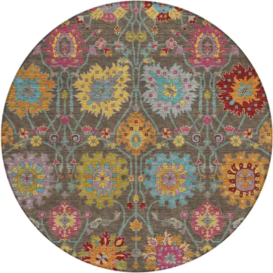 8' Chocolate Gold And Pink Round Damask Washable Indoor Outdoor Area Rug Photo 2