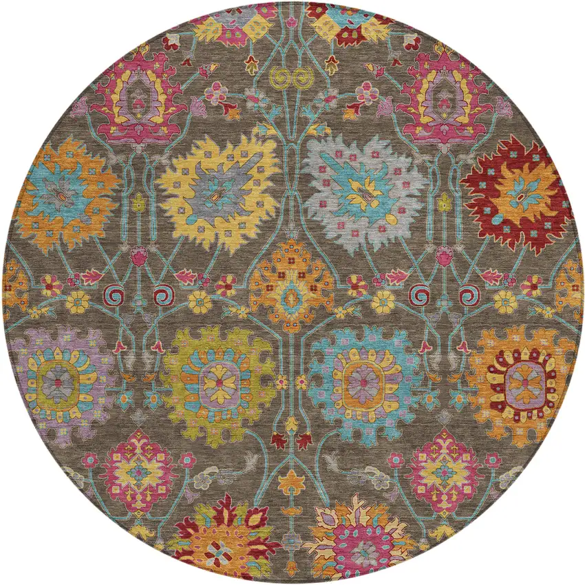 8' Chocolate Gold And Pink Round Damask Washable Indoor Outdoor Area Rug Photo 2