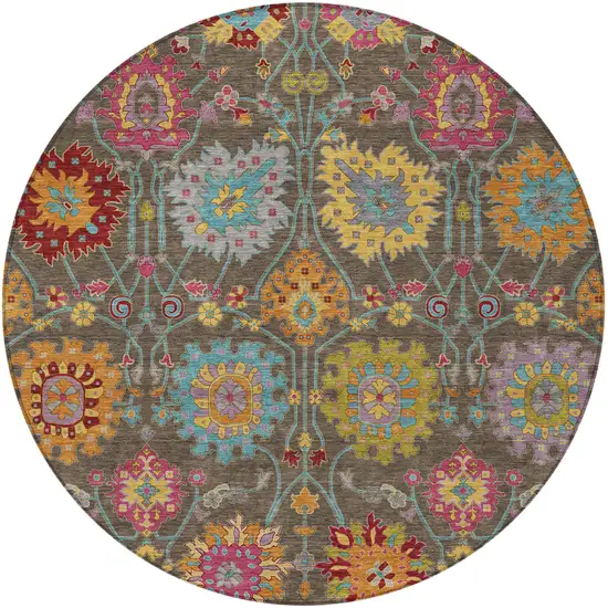 8' Chocolate Gold And Pink Round Damask Washable Indoor Outdoor Area Rug Photo 5