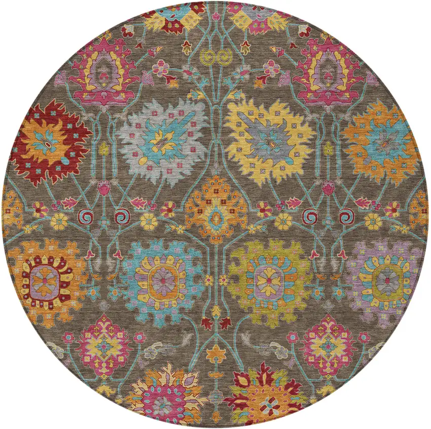 8' Chocolate Gold And Pink Round Damask Washable Indoor Outdoor Area Rug Photo 5