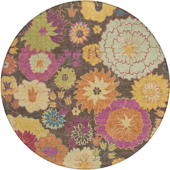 8' Chocolate Gold And Pink Round Floral Washable Indoor Outdoor Area Rug Photo 2
