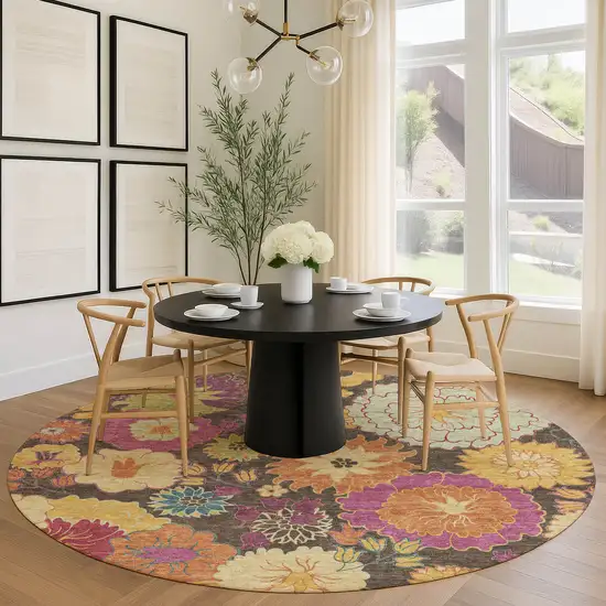 8' Chocolate Gold And Pink Round Floral Washable Indoor Outdoor Area Rug Photo 9