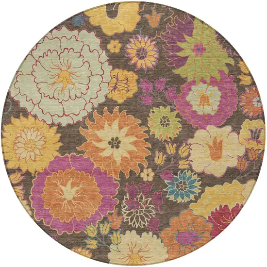 8' Chocolate Gold And Pink Round Floral Washable Indoor Outdoor Area Rug Photo 4