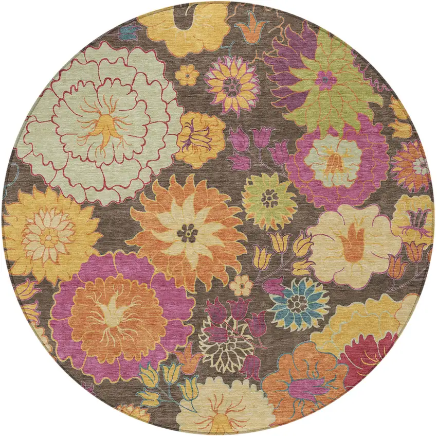 8' Chocolate Gold And Pink Round Floral Washable Indoor Outdoor Area Rug Photo 4