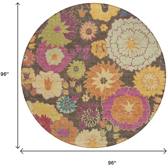 8' Chocolate Gold And Pink Round Floral Washable Indoor Outdoor Area Rug Photo 3