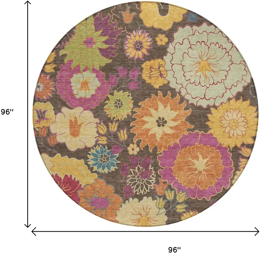 8' Chocolate Gold And Pink Round Floral Washable Indoor Outdoor Area Rug Photo 3