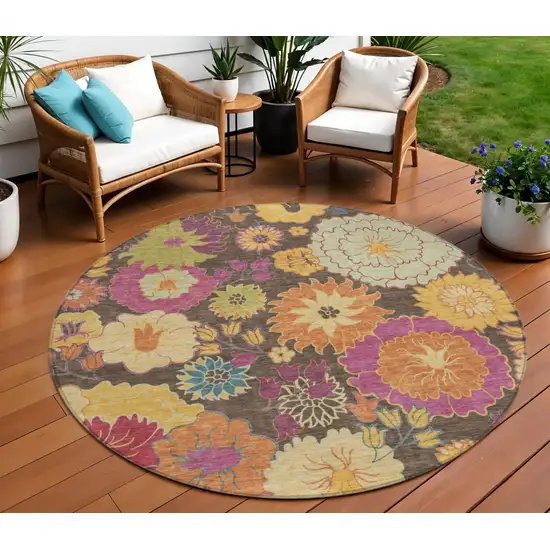 8' Chocolate Gold And Pink Round Floral Washable Indoor Outdoor Area Rug Photo 1