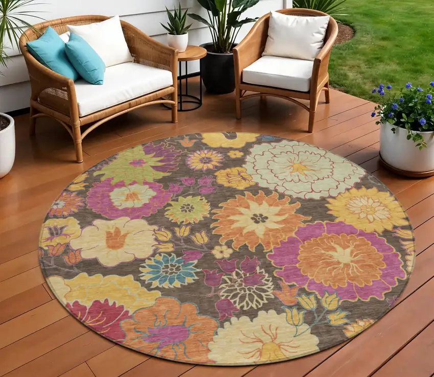 8' Chocolate Gold And Pink Round Floral Washable Indoor Outdoor Area Rug Photo 1