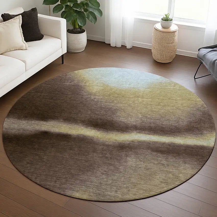 8' Chocolate Gold And Plum Round Abstract Washable Indoor Outdoor Area Rug Photo 5