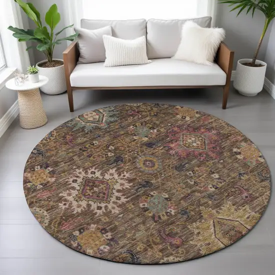 8' Chocolate Gold And Teal Blue Round Medallion Washable Indoor Outdoor Area Rug Photo 9