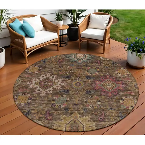 8' Chocolate Gold And Teal Blue Round Medallion Washable Indoor Outdoor Area Rug Photo 2