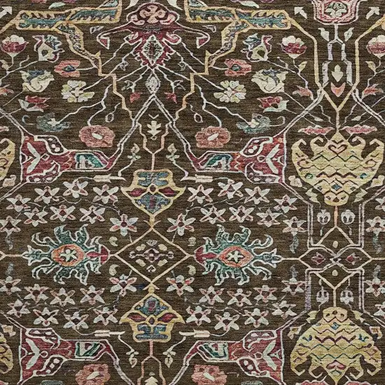 8' Chocolate Gold And Teal Floral Washable Round Rug With UV Protection Photo 3