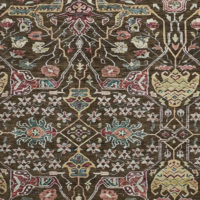 8' Chocolate Gold And Teal Floral Washable Round Rug With UV Protection Photo 3