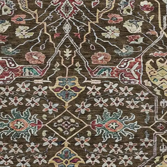 8' Chocolate Gold And Teal Floral Washable Round Rug With UV Protection Photo 2