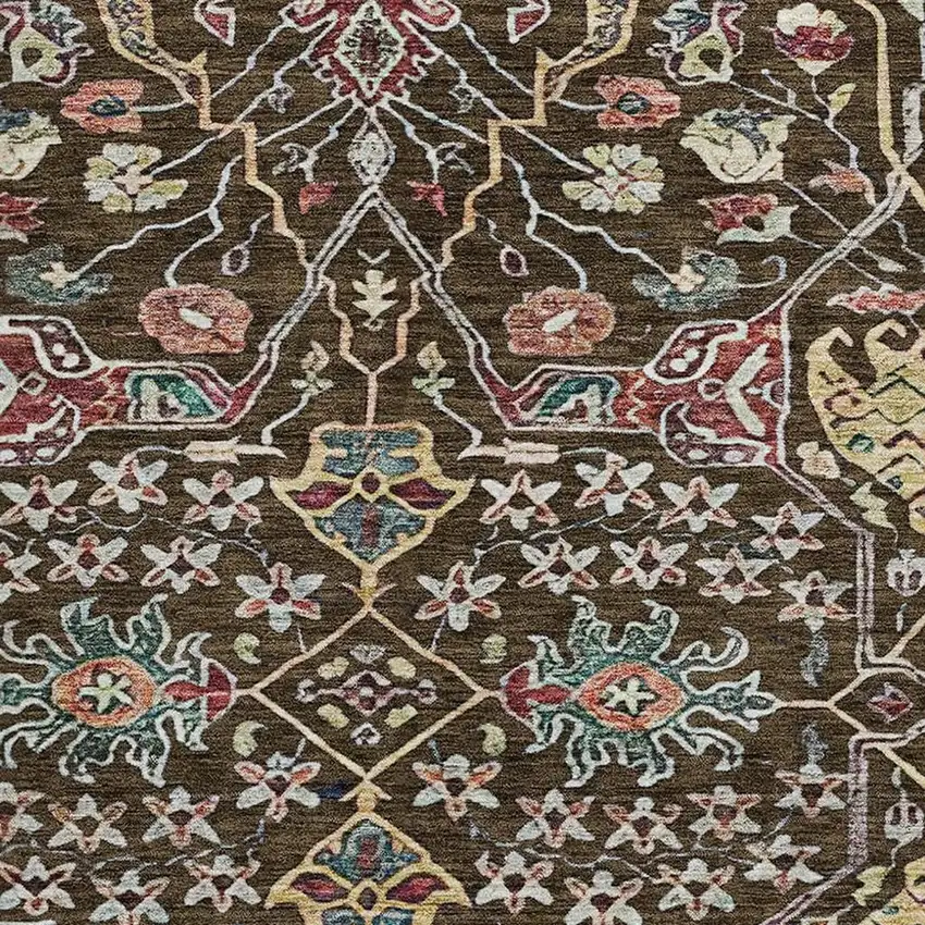 8' Chocolate Gold And Teal Floral Washable Round Rug With UV Protection Photo 2