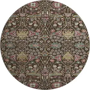 Photo of 8' Chocolate Gold And Teal Floral Washable Round Rug With UV Protection