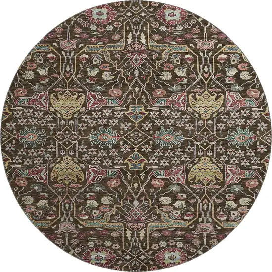 8' Chocolate Gold And Teal Floral Washable Round Rug With UV Protection Photo 1