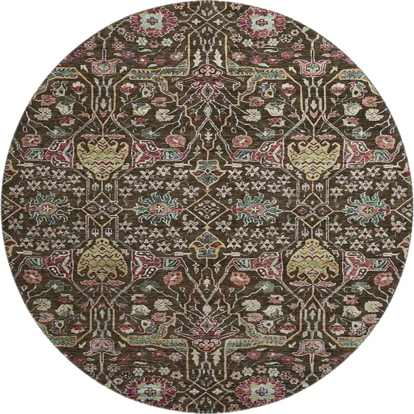 8' Chocolate Gold And Teal Floral Washable Round Rug With UV Protection Photo 1