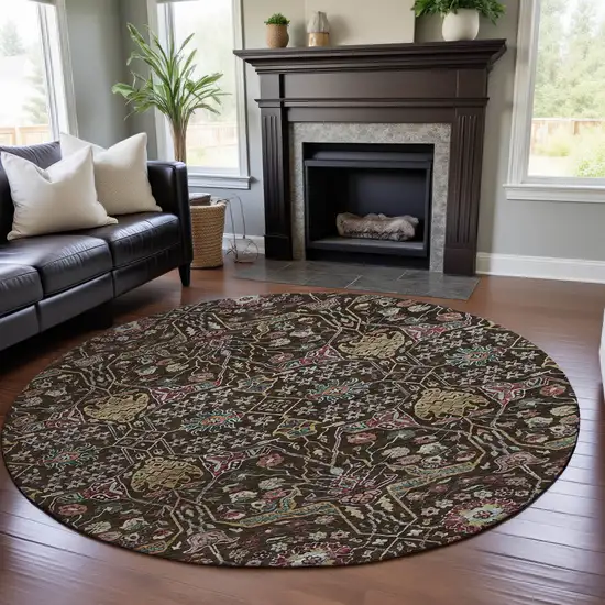 8' Chocolate Gold And Teal Floral Washable Round Rug With UV Protection Photo 4