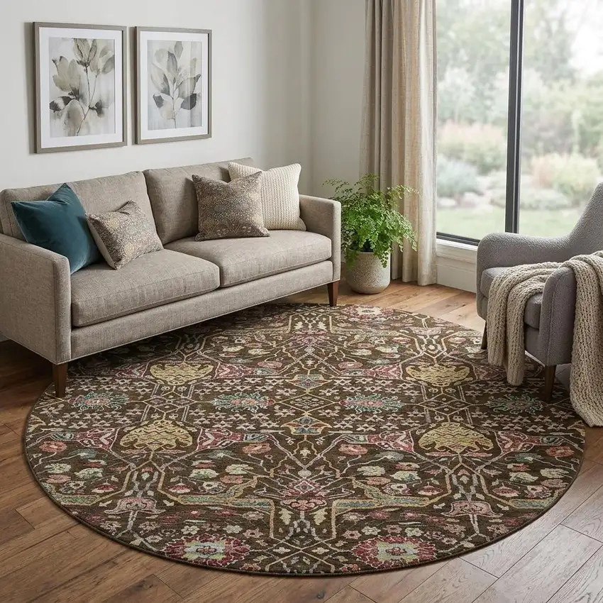 8' Chocolate Gold And Teal Floral Washable Round Rug With UV Protection Photo 1