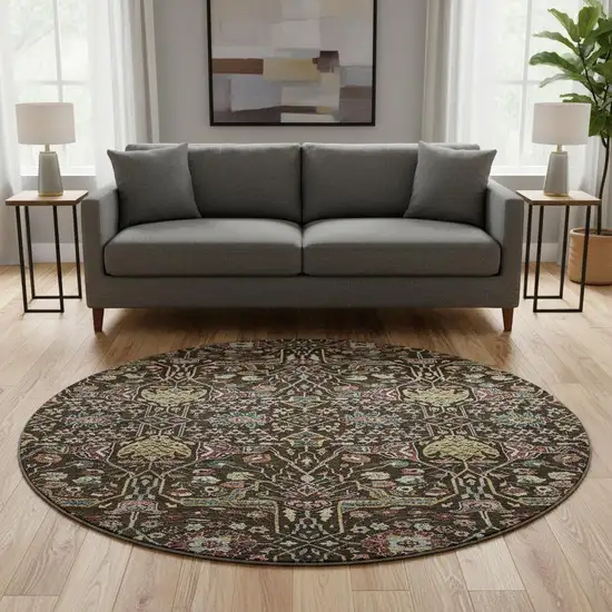 8' Chocolate Gold And Teal Floral Washable Round Rug With UV Protection Photo 2
