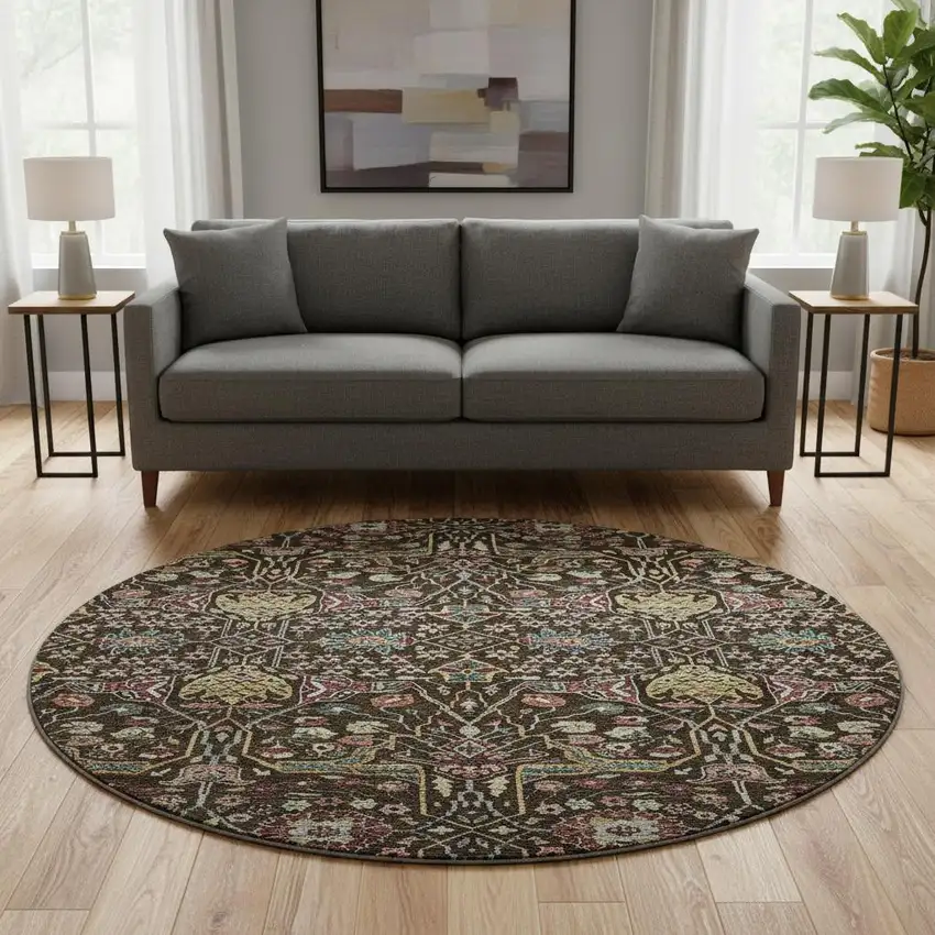 8' Chocolate Gold And Teal Floral Washable Round Rug With UV Protection Photo 2