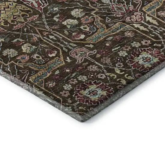 8' Chocolate Gold And Teal Floral Washable Round Rug With UV Protection Photo 6