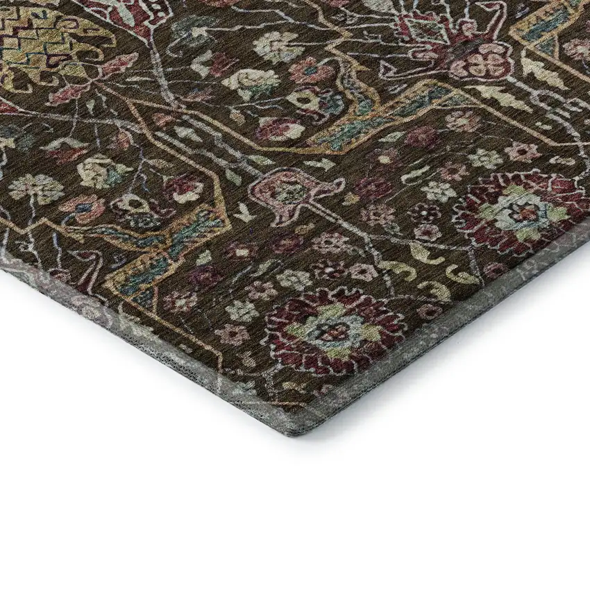 8' Chocolate Gold And Teal Floral Washable Round Rug With UV Protection Photo 6