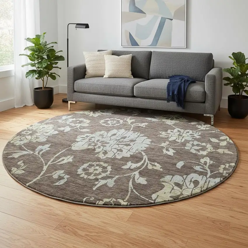 8' Chocolate Gray And Beige Floral Washable Round Rug With UV Protection Photo 2